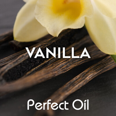 Picture showing several vanilla sticks with a vanilla flower atop a dark wooden table with the words vanilla and Perfect Oil on top of the image itself. 