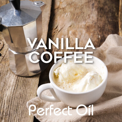 Picture showing a white ceramic cup of coffee with whipped cream on top on a cloth napkin next to a coffee pot on a wooden table with the words vanilla coffee and Perfect Oil in white on top of the image itself. 