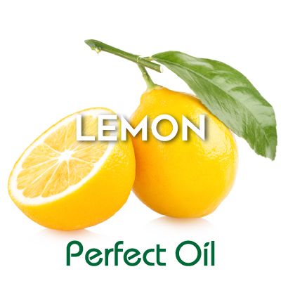Picture showing a half of a lemon to the left of a whole lemon with a stem and leaf still attached with the words lemon in white and Perfect Oil in green on top of the image itself. 