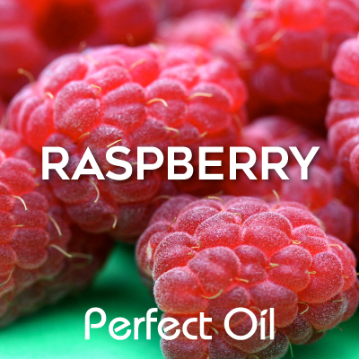 Picture showing a pile of ripe raspberries on a mint green surface with the words raspberry and Perfect Oil in white on top of the image itself. 