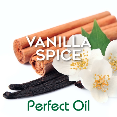 Picture showing three cinnamon sticks next to three vanilla sticks and three vanilla flowers in that order left to right with the words vanilla spice in white and Perfect Oil in green on top of the image itself. 
