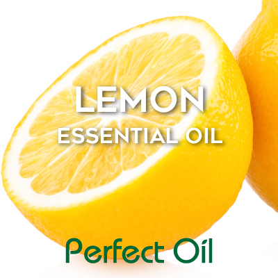 Picture showing a half of a lemon with the open side facing toward the upper left next to a small end of another lemon on the right with the words lemon essential oil in white and Perfect Oil in green on top of the image itself. 