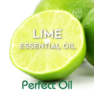 Picture showing half of a lime with the open side facing outward in front of two full lime towards the right corner of the picture with the words lime essential oil in white and Perfect Oil in green of the image itself.
