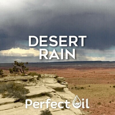 Picture showing a rock ledge with some desert bushes in a desert with a storm cloud approaching from above and the words desert rain and Perfect Oil in white on top of the image itself. 