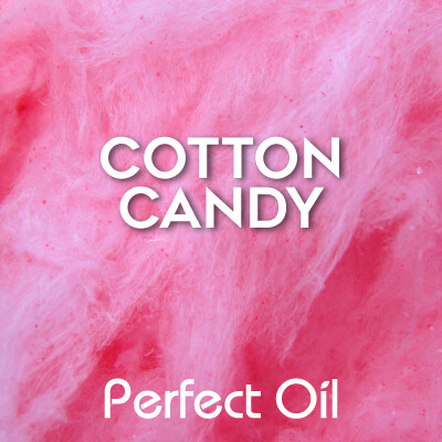 Picture showing fluffy pink cotton candy with the words cotton candy and Perfect Oil in white letters on top of the image itself. 