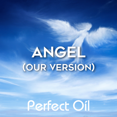 Picture showing clouds in the shape of an angel and puffy white clouds in a blue sky with the words angel (our version) and Perfect Oil in white on top of the picture. 