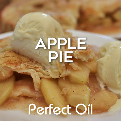 Picture showing a piece of apple pie with ice cream on top on a white plate with another piece behind it with the words apple pie and Perfect Oil in white on top of the picture. 