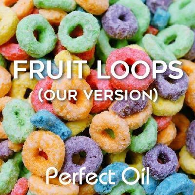 Picture showing multiple colors, green, blue, orange, red, and purple fruit loops cereal in a pile with the words fruit loops our version and Perfect Oil in white on top of the image itself. 