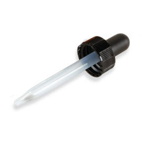 Picture of a clear dropper with a black screw-on top.