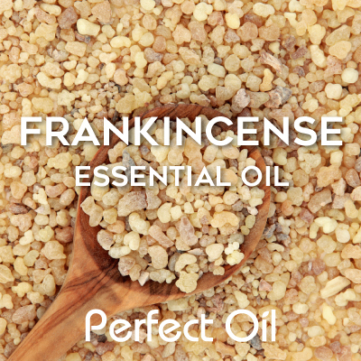 Picture showing a wooden spoon filled with frankincense particles atop a pile of frankincense particles with the words frankincense essential oil and Perfect Oil in white on top of the image itself. 