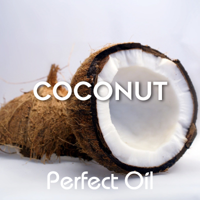 Picture showing a coconut cracked in half with one half on the left with the open side down and the other half to the right showing the open side facing out with the words coconut and Perfect Oil in white on top of the image. 
