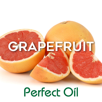 Picture showing a half of a pink grapefruit to the left of a whole grapefruit with two quarters of a grapefruit directly in front of the whole grapefruit with the words grapefruit in white and Perfect Oil in green on top of the image itself. 