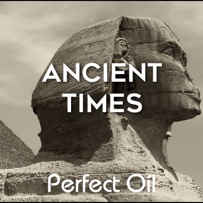 Picture of a Sphinx with the words &quot;ancient times&quot; and &quot;perfect oil&quot; in the middle and bottom respectively. 