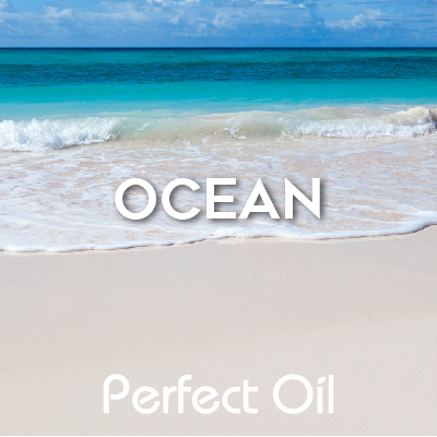Picture showing a sandy beach with waves rolling in from a light and dark blue ocean with a cloudy blue sky above and the words ocean and Perfect Oil in white on top of the image itself. 