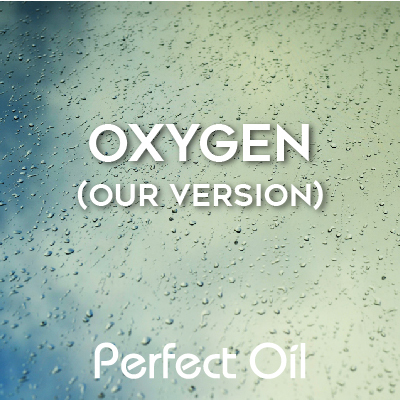 Picture showing droplets on a screen looking at a cloudy sky with the words oxygen (our version) and Perfect Oil in white on top of the image itself. 