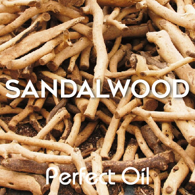 Picture showing a pile of sandalwood sticks with the words sandalwood and Perfect Oil in white on top of the image itself. 