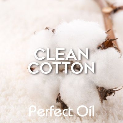 Picture showing white cotton balls on the plant with the words clean cotton and Perfect Oil in white on top of the image. 