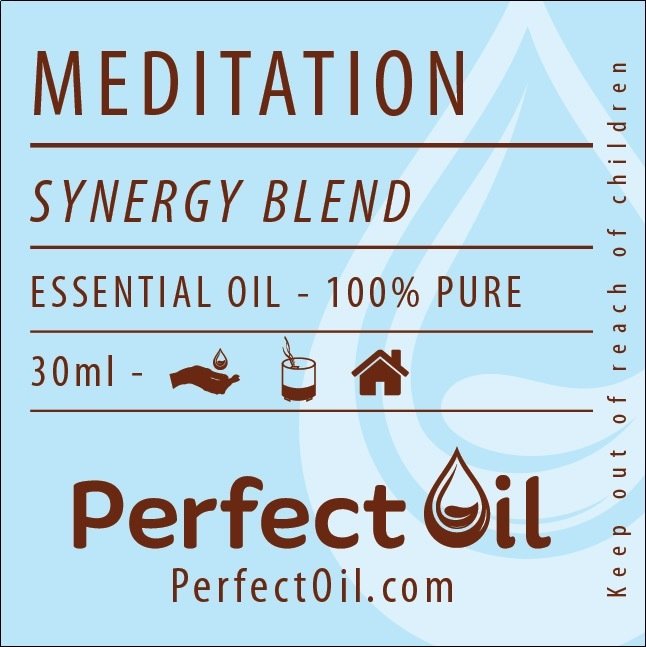 Picture showing a light blue label with a white drop logo on the right side with the words: meditation, synergy blend, essential oil - 100% pure, 30 ml, perfect oil and perfectoil.com on consecutive lines. The line showing 30 ml also shows the drop landing in a hand icon for topical, a diffuser icon representing diffusing and a house icon representing home usage. The words: keep out of reach of children are shown on the far right vertically reading from bottom to top. 