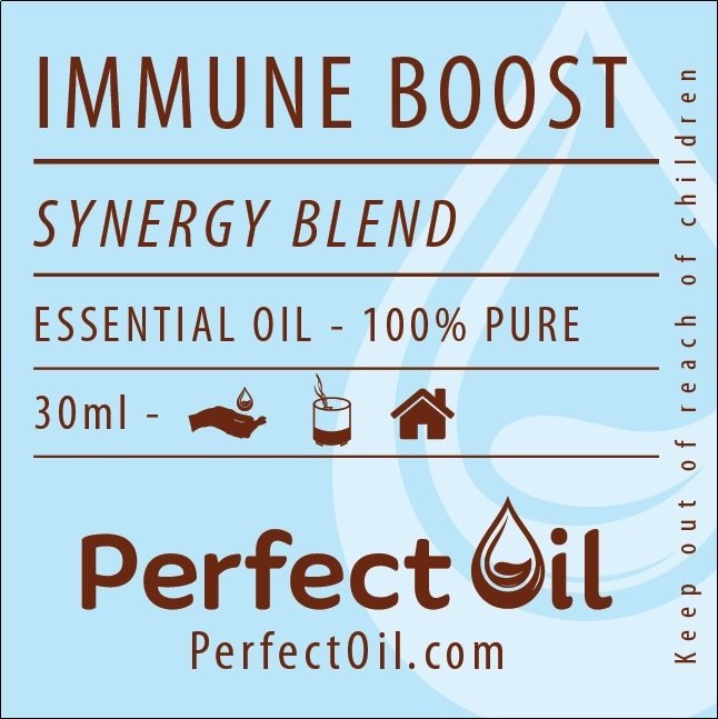 Picture showing a light blue label with a white drop logo on the right side with the words: immune boost, synergy blend, essential oil - 100% pure, 30 ml, perfect oil and perfectoil.com on consecutive lines. The line showing 30 ml also shows the drop landing in a hand icon for topical, a diffuser icon representing diffusing and a house icon representing home usage. The words: keep out of reach of children are shown on the far right vertically reading from bottom to top. 