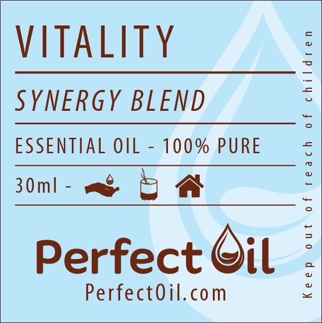 Picture showing a light blue label with a white drop logo on the right side with the words: vitality, synergy blend, essential oil - 100% pure, 30 ml, perfect oil and perfectoil.com on consecutive lines. The line showing 30 ml also shows the drop landing in a hand icon for topical, a diffuser icon representing diffusing and a house icon representing home usage. The words: keep out of reach of children are shown on the far right vertically reading from bottom to top. 