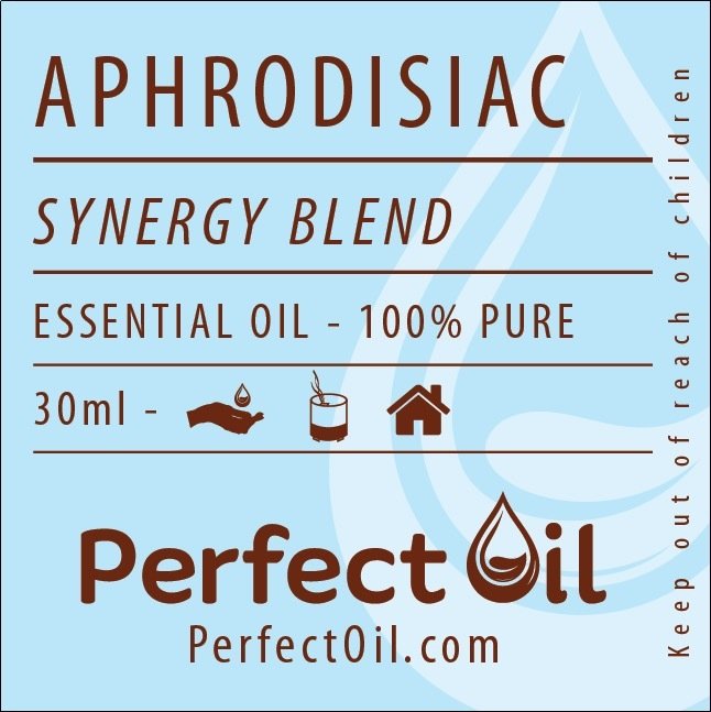 Picture showing a light blue label with a white drop logo on the right side with the words: aphrodisiac, synergy blend, essential oil - 100% pure, 30 ml, perfect oil and perfectoil.com on consecutive lines. The line showing 30 ml also shows the drop landing in a hand icon for topical, a diffuser icon representing diffusing and a house icon representing home usage. The words: keep out of reach of children are shown on the far right vertically reading from bottom to top. 