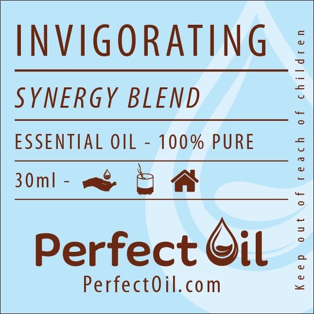 Picture showing a light blue label with a white drop logo on the right side with the words: invigorating, synergy blend, essential oil - 100% pure, 30 ml, perfect oil and perfectoil.com on consecutive lines. The line showing 30 ml also shows the drop landing in a hand icon for topical, a diffuser icon representing diffusing and a house icon representing home usage. The words: keep out of reach of children are shown on the far right vertically reading from bottom to top. 