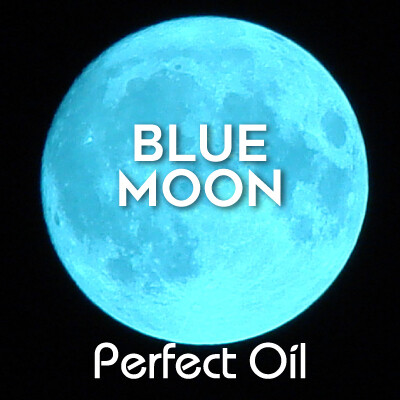 Picture of a blue moon on a black background with the words blue moon and Perfect Oil in white on top of the picture. 