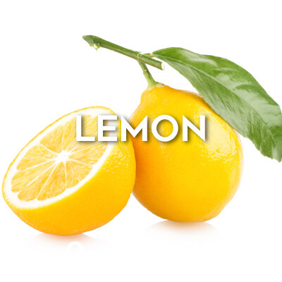 Picture showing a half of a lemon to the left of a whole lemon with a stem and leaf still attached with the words lemon in white and Perfect Oil in green on top of the image itself. 