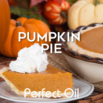 Picture showing a slice of pumpkin pie with a dollop of whipped cream next to a pumpkin pie in a white ceramic dish with a brown rim in front of two small pumpkins and two gourds on top of a wooden table with the words pumpkin pie and Perfect Oil in white on top of the image itself. 