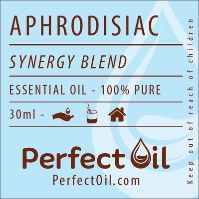 Picture showing a light blue label with a white drop logo on the right side with the words: aphrodisiac, synergy blend, essential oil - 100% pure, 30 ml, perfect oil and perfectoil.com on consecutive lines. The line showing 30 ml also shows the drop landing in a hand icon for topical, a diffuser icon representing diffusing and a house icon representing home usage. The words: keep out of reach of children are shown on the far right vertically reading from bottom to top. 