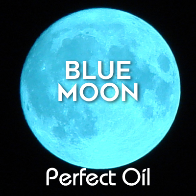 Picture of a blue moon on a black background with the words blue moon and perfect oil in white on top of the picture. 