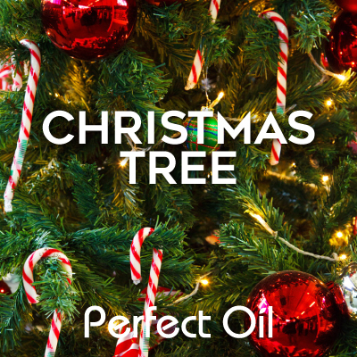 Picture showing five red and white striped candy canes hanging on a Christmas tree with lights, a few shiny brass ornaments and three shiny red balls, one in each corner except for the lower left, with the words Christmas tree and Perfect Oil in white letters on top of the entire image. 