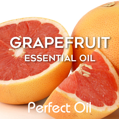 Grapefruit (Pink) Essential Oil 30 ml Picture showing a half of a cut pink grapefruit with the open end upwards to the left of a quarter of a pink grapefruit in the same relative position as the half and a full pink grapefruit in the upper right corner, with the words pink grapefruit essential oil and Perfect Oil in white on top of the image itself.