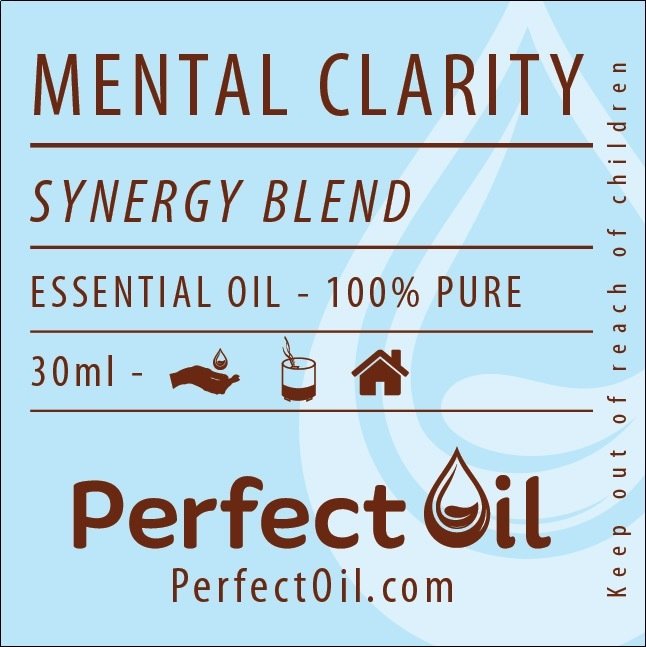 Picture showing a light blue label with a white drop logo on the right side with the words: mental clarity, synergy blend, essential oil - 100% pure, 30 ml, perfect oil and perfectoil.com on consecutive lines. The line showing 30 ml also shows the drop landing in a hand icon for topical, a diffuser icon representing diffusing and a house icon representing home usage. The words: keep out of reach of children are shown on the far right vertically reading from bottom to top. 