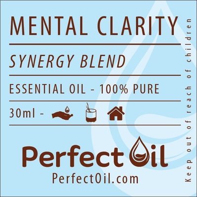 Picture showing a light blue label with a white drop logo on the right side with the words: mental clarity, synergy blend, essential oil - 100% pure, 30 ml, perfect oil and perfectoil.com on consecutive lines. The line showing 30 ml also shows the drop landing in a hand icon for topical, a diffuser icon representing diffusing and a house icon representing home usage. The words: keep out of reach of children are shown on the far right vertically reading from bottom to top. 