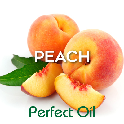 Picture showing two peach slices in front of two whole peaches with a couple of leaves to the left, with the words peach in white and Perfect Oil in green on top of the image itself. 