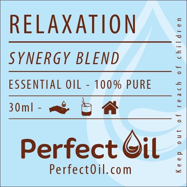 Picture showing a light blue label with a white drop logo on the right side with the words: relaxation, synergy blend, essential oil - 100% pure, 30 ml, perfect oil and perfectoil.com on consecutive lines. The line showing 30 ml also shows the drop landing in a hand icon for topical, a diffuser icon representing diffusing and a house icon representing home usage. The words: keep out of reach of children are shown on the far right vertically reading from bottom to top. 