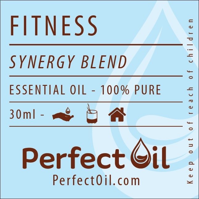 Picture showing a light blue label with a white drop logo on the right side with the words: fitness, synergy blend, essential oil - 100% pure, 30 ml, perfect oil and perfectoil.com on consecutive lines. The line showing 30 ml also shows the drop landing in a hand icon for topical, a diffuser icon representing diffusing and a house icon representing home usage. The words: keep out of reach of children are shown on the far right vertically reading from bottom to top. 