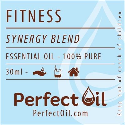 Picture showing a light blue label with a white drop logo on the right side with the words: fitness, synergy blend, essential oil - 100% pure, 30 ml, perfect oil and perfectoil.com on consecutive lines. The line showing 30 ml also shows the drop landing in a hand icon for topical, a diffuser icon representing diffusing and a house icon representing home usage. The words: keep out of reach of children are shown on the far right vertically reading from bottom to top. 