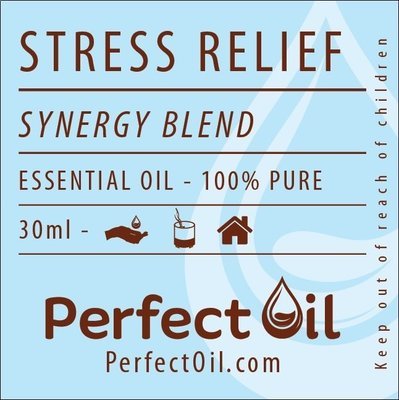 Picture showing a light blue label with a white drop logo on the right side with the words: stress relief, synergy blend, essential oil - 100% pure, 30 ml, perfect oil and perfectoil.com on consecutive lines. The line showing 30 ml also shows the drop landing in a hand icon for topical, a diffuser icon representing diffusing and a house icon representing home usage. The words: keep out of reach of children are shown on the far right vertically reading from bottom to top. 