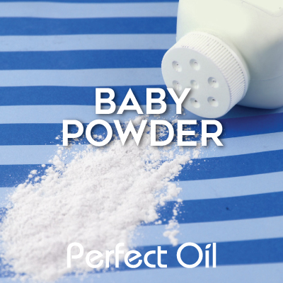 Picture of a small pile of baby powder and a powder bottle on a striped sheet with the words baby powder and Perfect Oil on top of the picture.