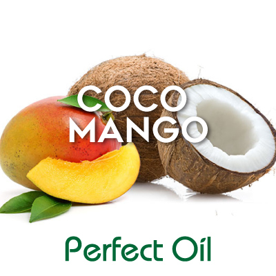 Picture showing a mango with a mango slice in front of it next to a half of a coconut in front of a full coconut with the words coco mango in white and Perfect Oil in green on top of the image itself. 