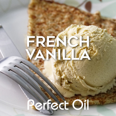 Picture showing a piece of pie with a scoop of vanilla ice cream on top and a fork to the left on a white ceramic plate with the words French vanilla and Perfect Oil in white on top of the image itself. 