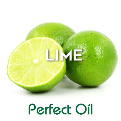 Picture showing half of a lime leaning against two whole limes with the words lime in white and Perfect Oil in green on top of the image itself. 