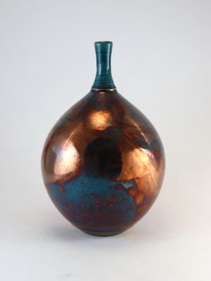 Raku Fired Turquoise Blue Green Copper Bottle