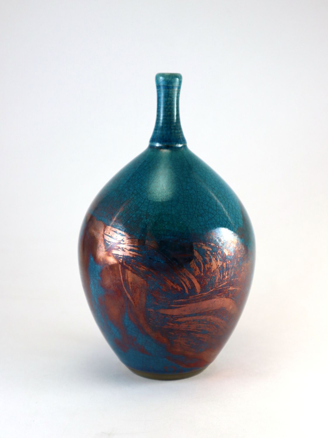 Raku Fired Turquoise Blue Green Copper Bottle