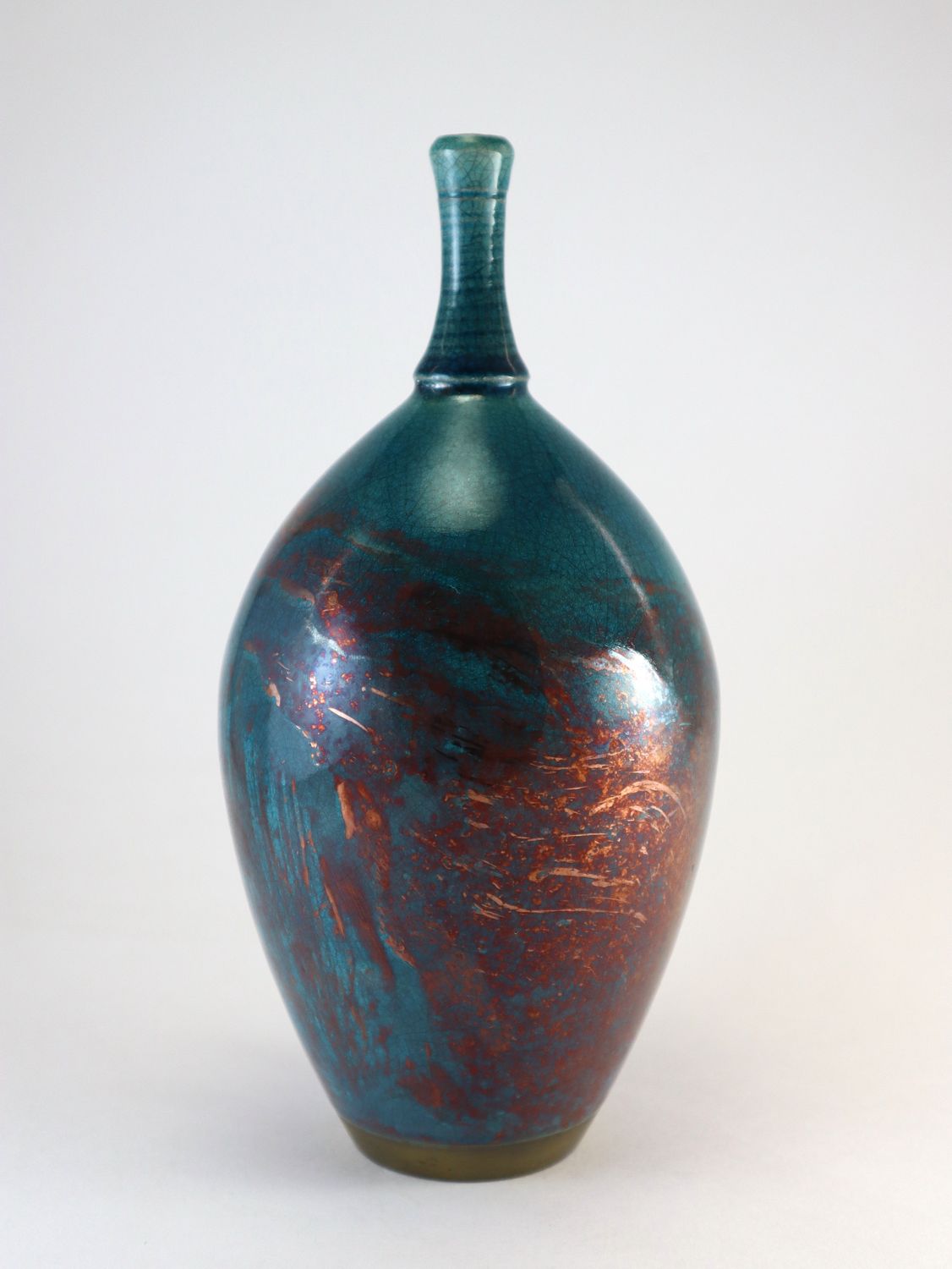 Raku Fired Turquoise Blue Green Copper Bottle