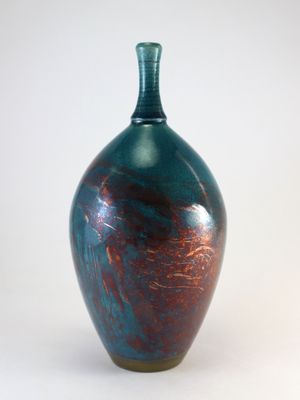 Raku Fired Turquoise Blue Green Copper Bottle