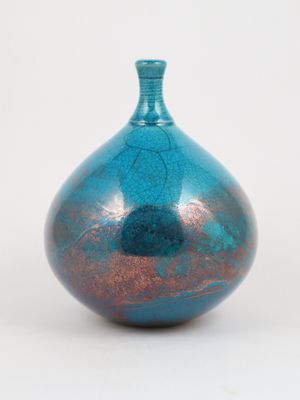 Raku Fired Turquoise Blue Green Copper Bottle