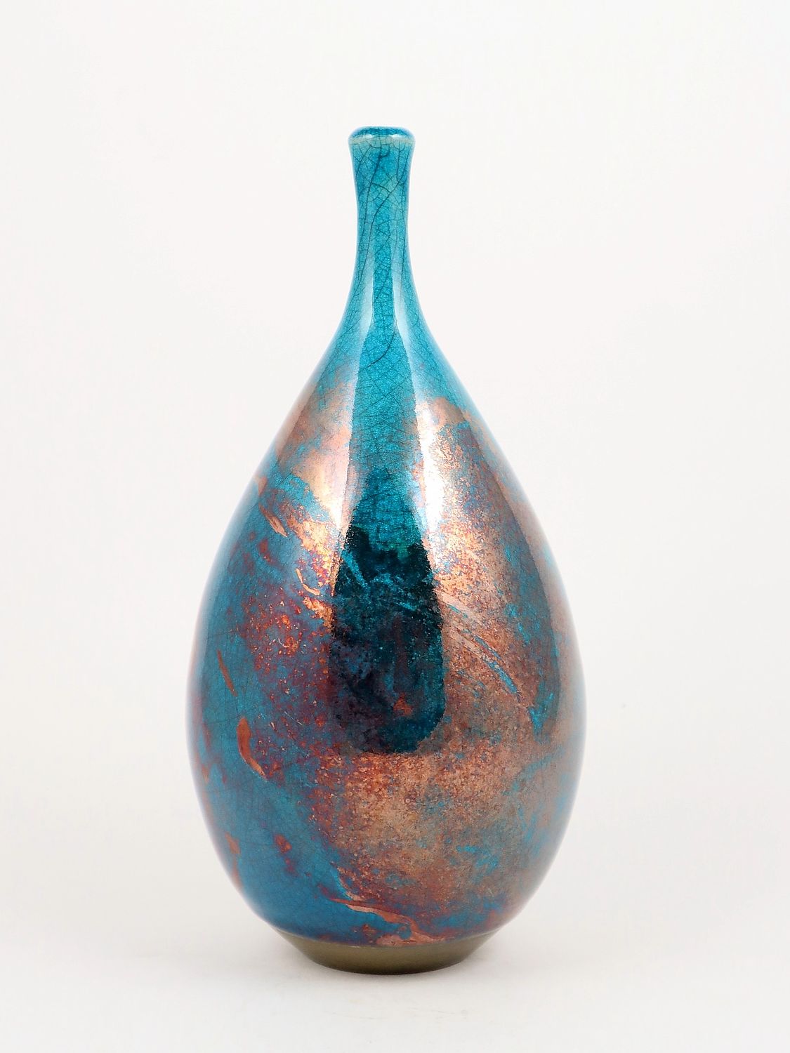 Raku Fired Turquoise Green Blue Copper Teardrop Bottle
